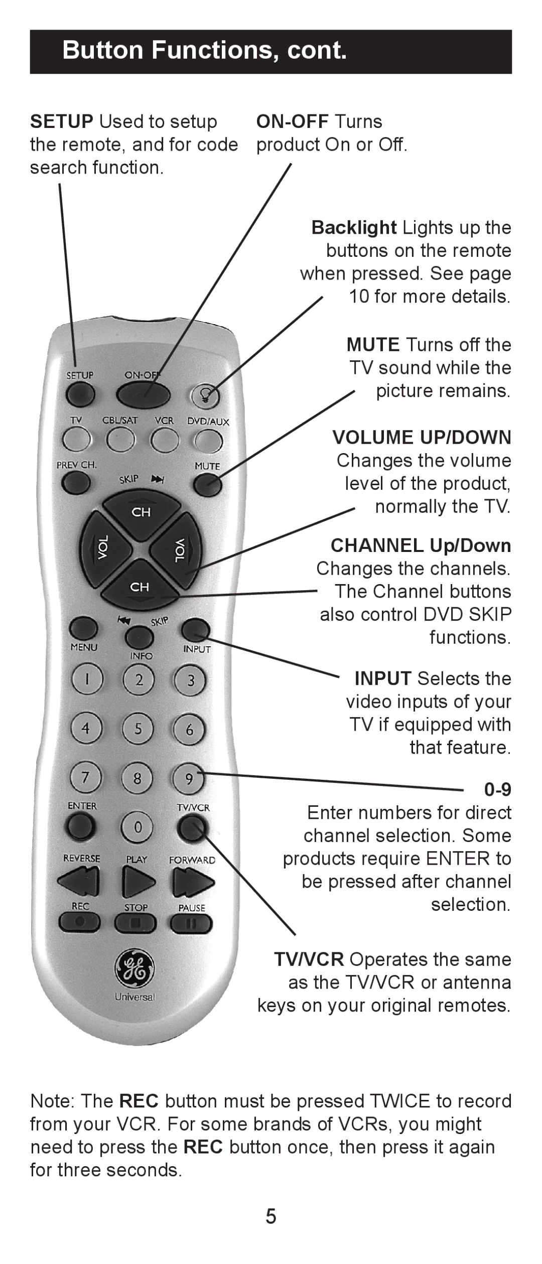 Jasco RM84930 instruction manual Button Functions, ON-OFF Turns 