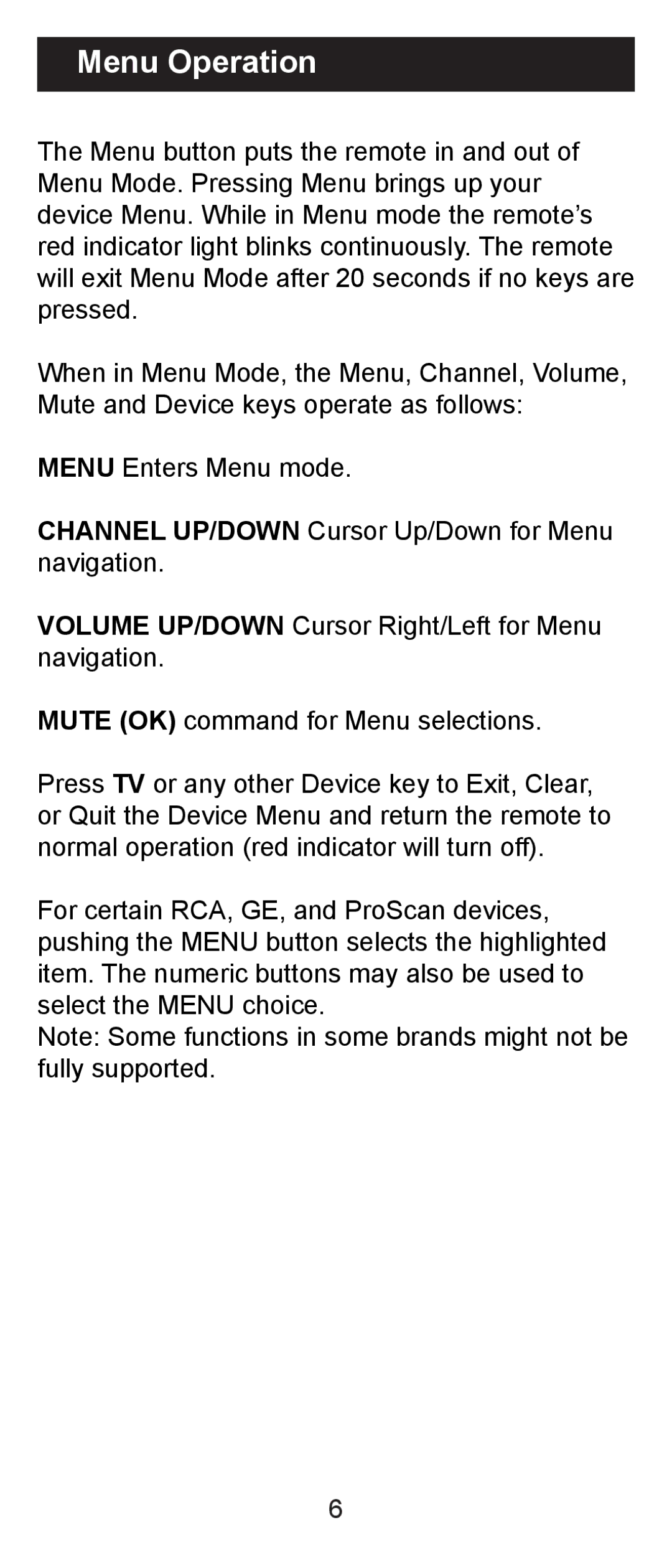 Jasco RM84930 instruction manual Menu Operation 