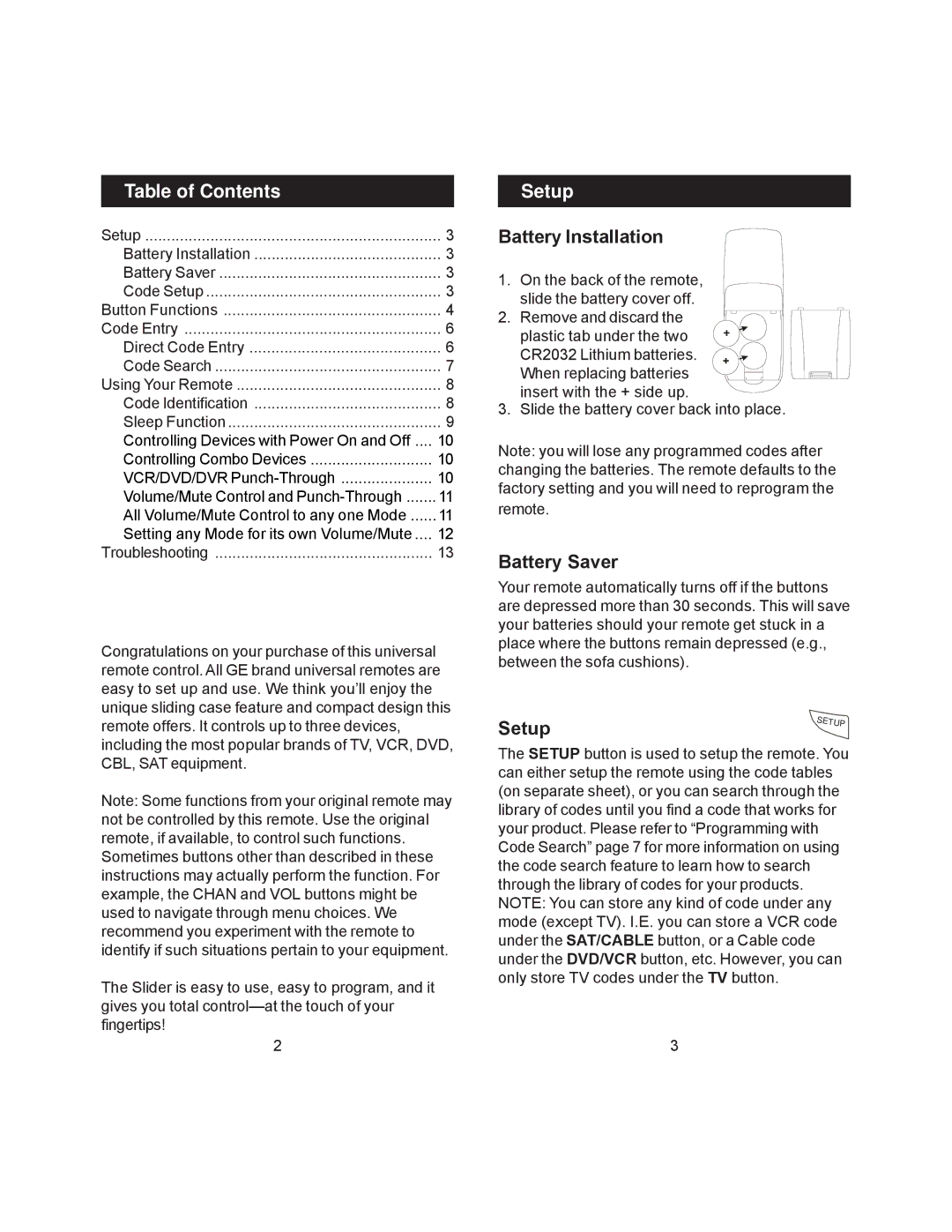 Jasco RM84964, RM24964 instruction manual Table of Contents, Setup 