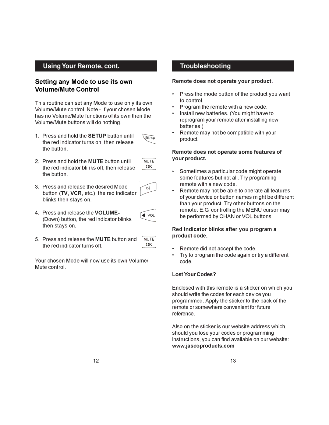 Jasco RM24964, RM84964 instruction manual Setting any Mode to use its own Volume/Mute Control, Troubleshooting 