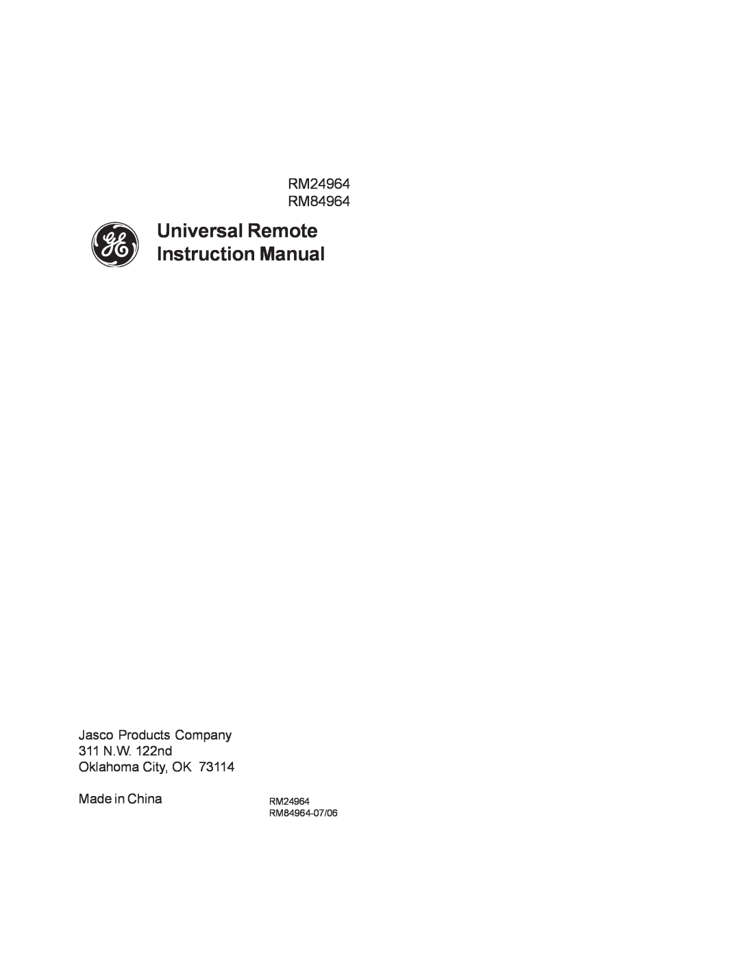 Jasco instruction manual Universal Remote Instruction Manual, RM24964 RM84964-07/06 