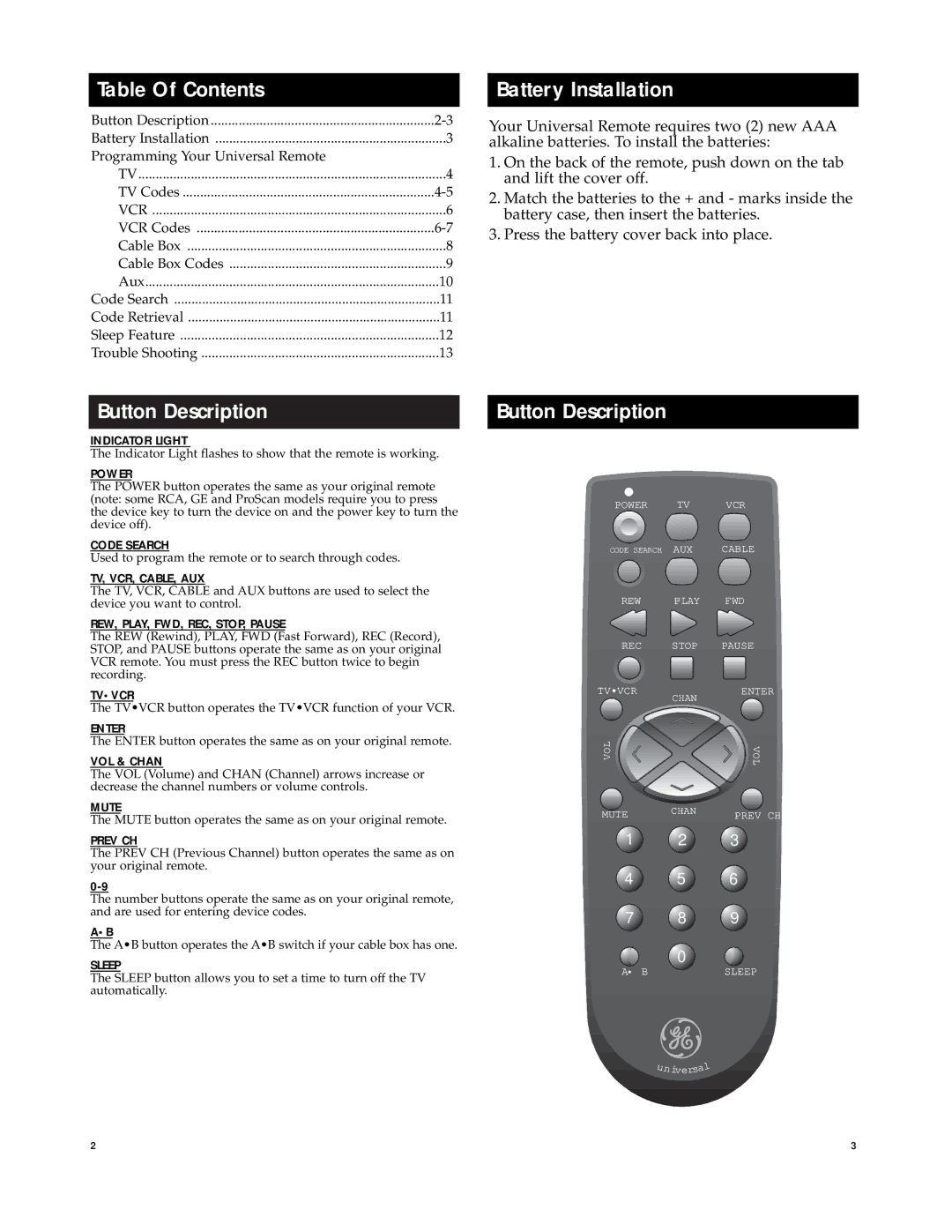 Jasco RM94902 manual Table Of Contents, Battery Installation, Button Description 