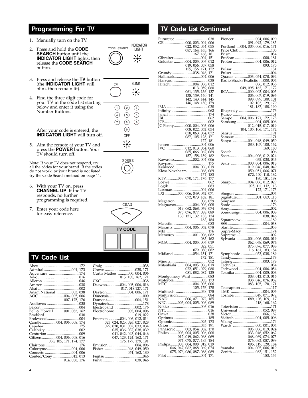 Jasco RM94902 manual Programming For TV TV Code List, Indicator Light lights, then release the Code Search button 