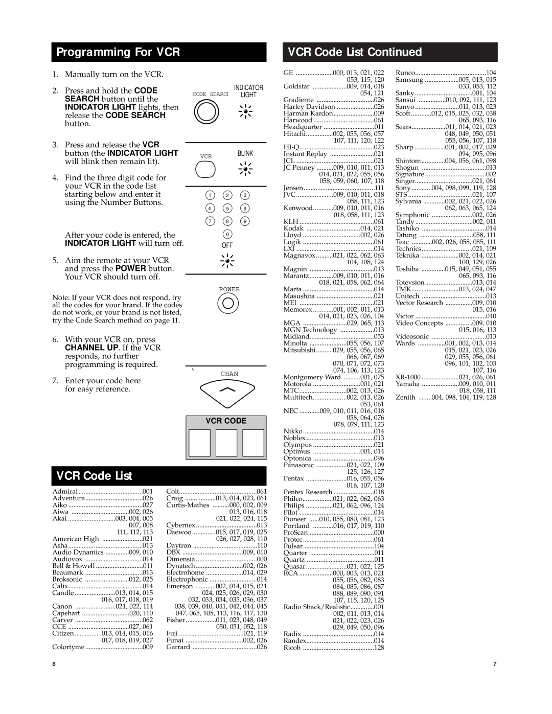 Jasco RM94902 manual Programming For VCR VCR Code List, VCR Blink 