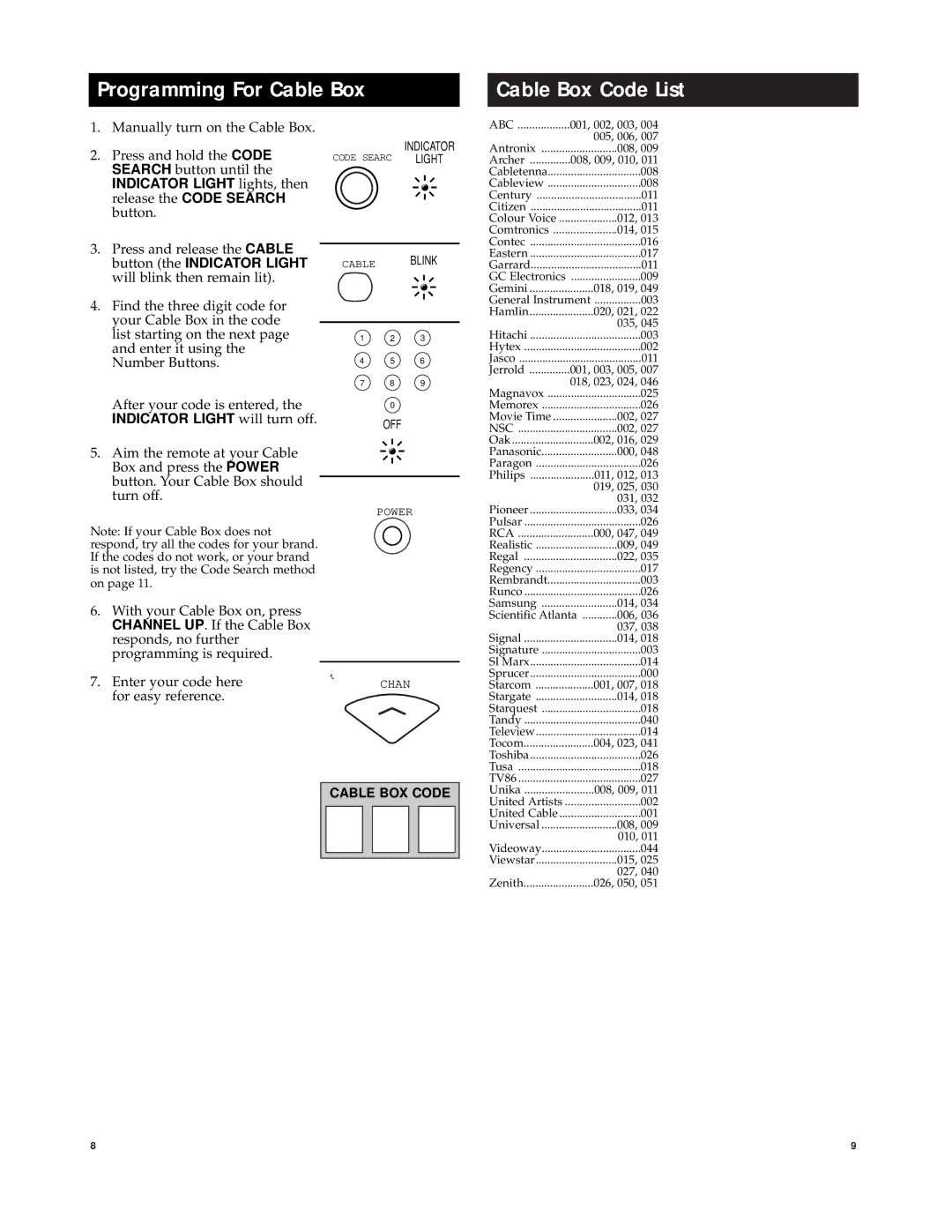 Jasco RM94902 manual Programming For Cable Box, Cable Box Code List, Cable BOX Code 