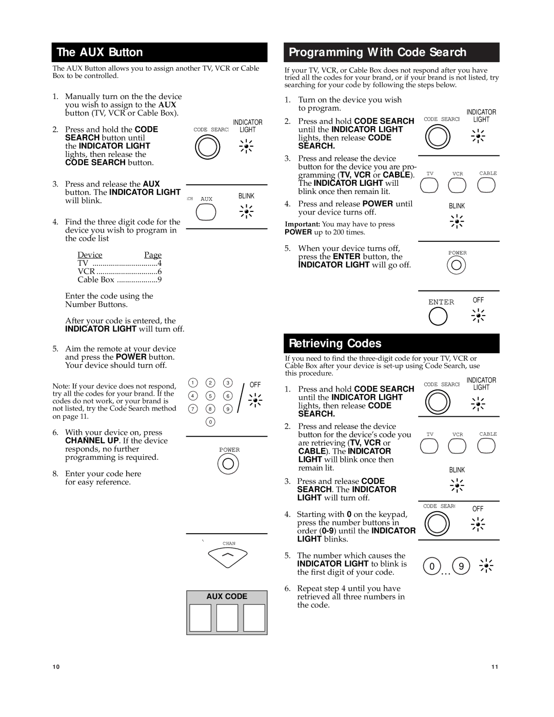 Jasco RM94902 manual AUX Button, Programming With Code Search, Retrieving Codes 