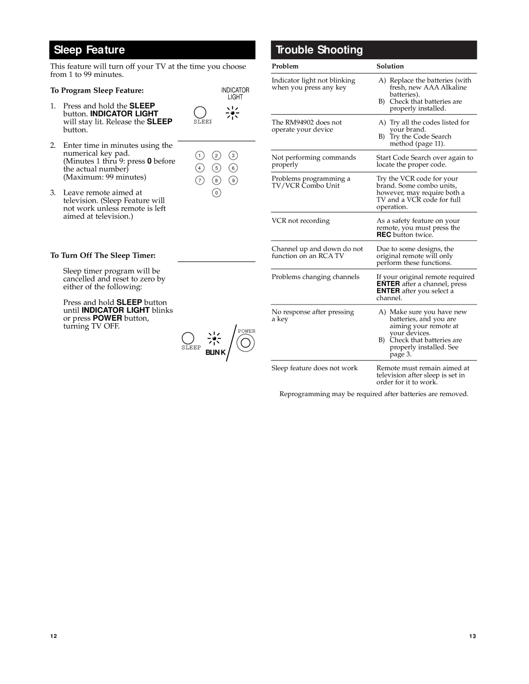 Jasco RM94902 manual Trouble Shooting, To Program Sleep Feature, To Turn Off The Sleep Timer 