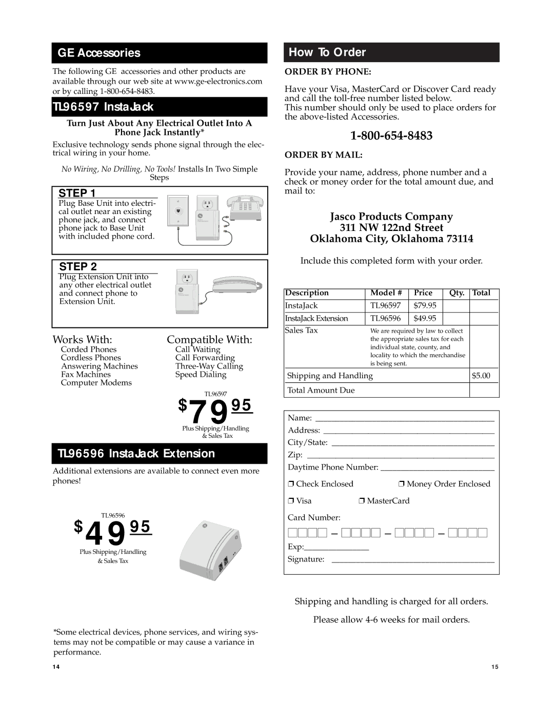 Jasco RM94902 manual GE Accessories TL96597 InstaJack, TL96596 InstaJack Extension, How To Order 