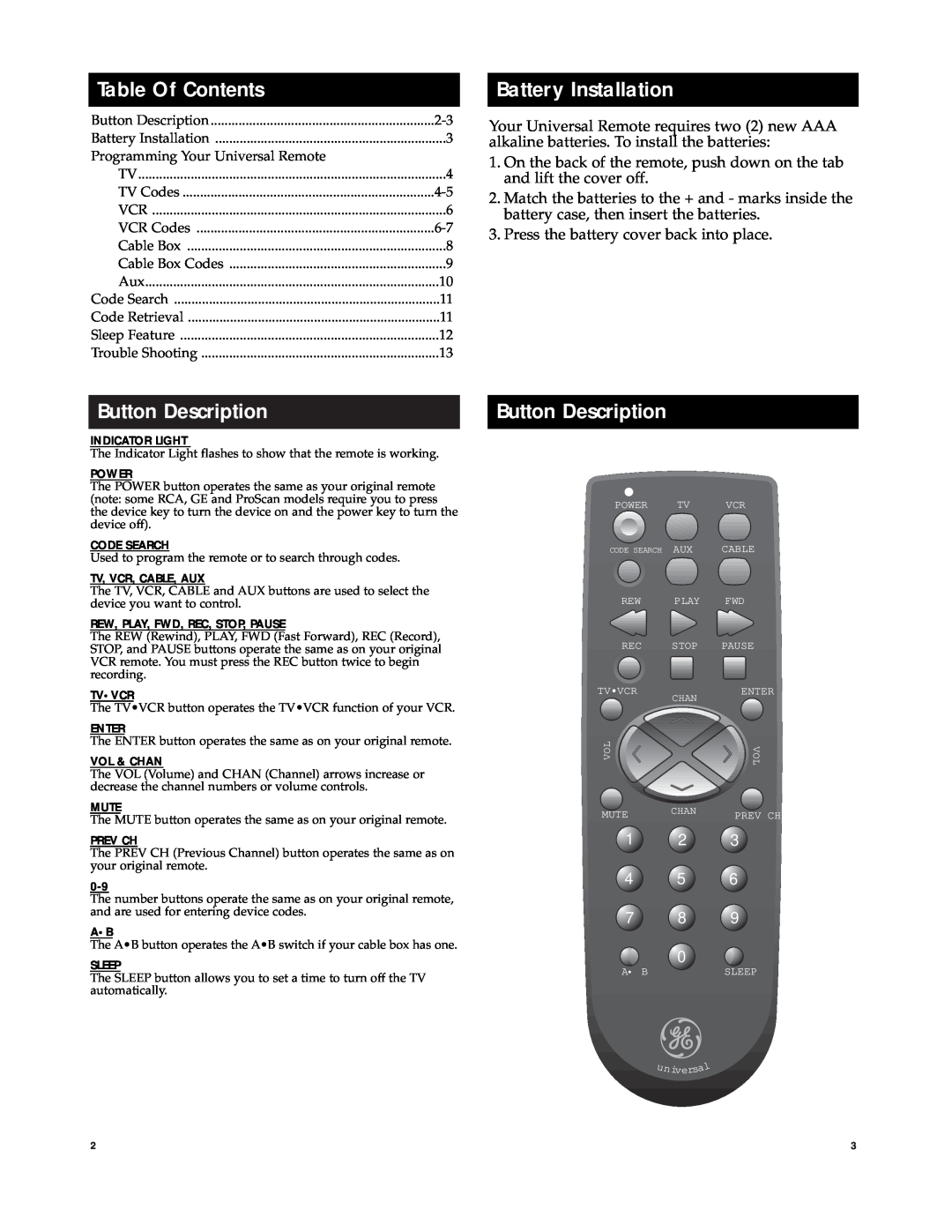 Jasco RM94902 manual Table Of Contents, Battery Installation, Button Description, 1 2 4 5 7 8 