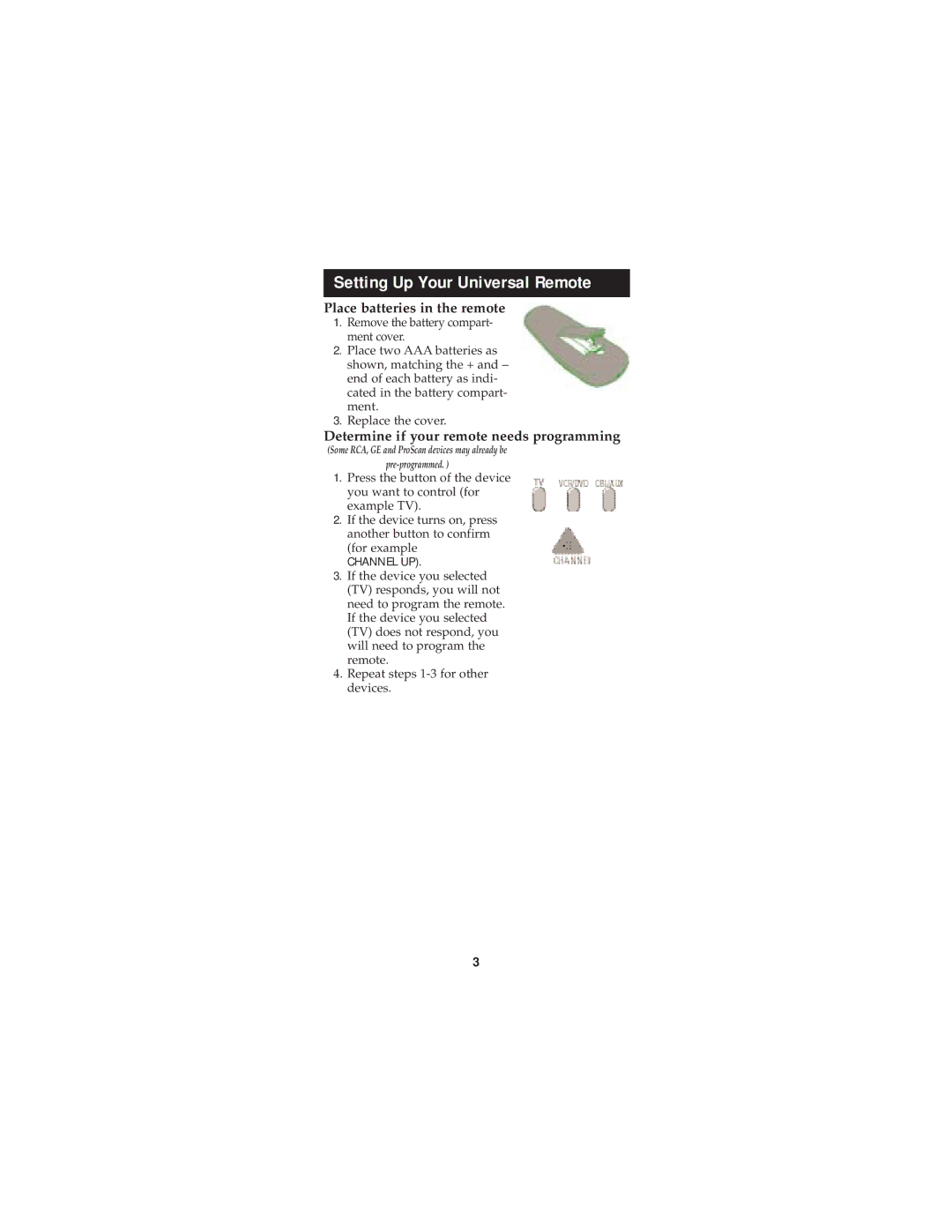 Jasco RM94903 instruction manual Setting Up Your Universal Remote, Place batteries in the remote 