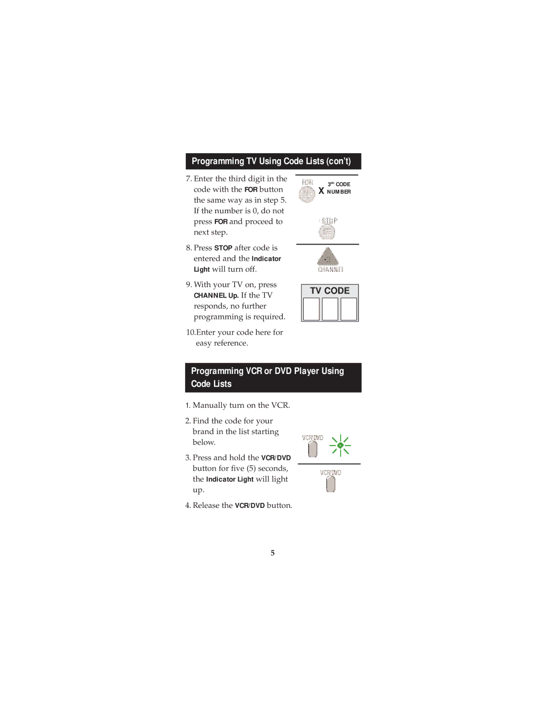 Jasco RM94903 instruction manual Programming VCR or DVD Player Using Code Lists, Programming TV Using Code Lists con’t 