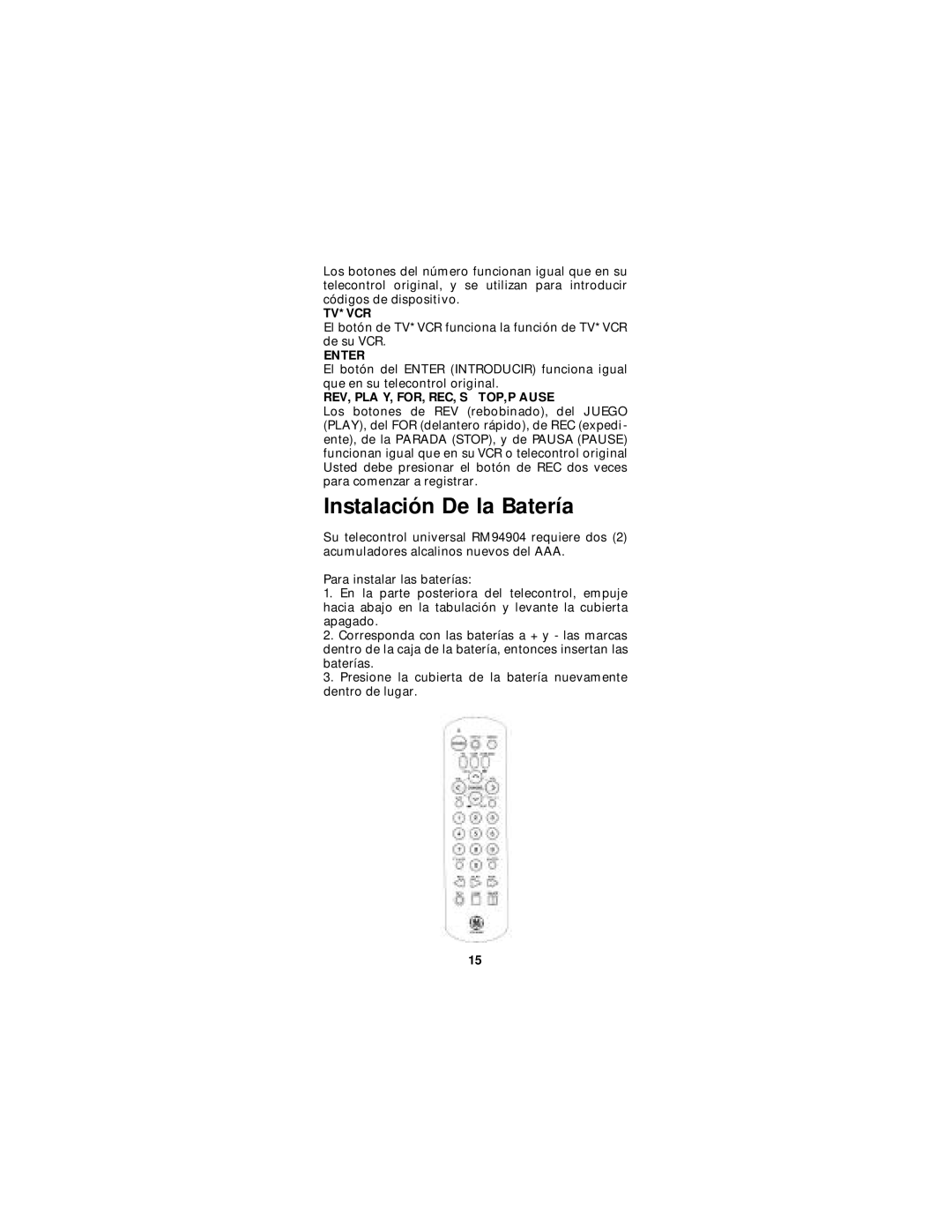 Jasco RM94904 instruction manual Instalación De la Batería, REV, PLA Y, FOR, REC, S TOP,P Ause 