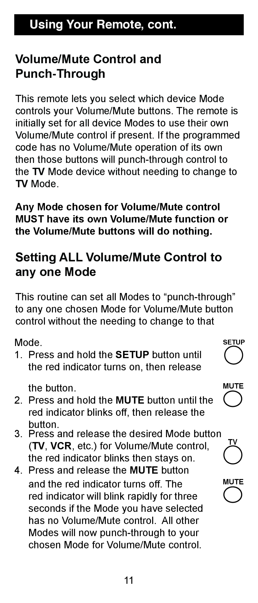 Jasco RM94931 instruction manual Volume/Mute Control Punch-Through, Setting ALL Volume/Mute Control to any one Mode 