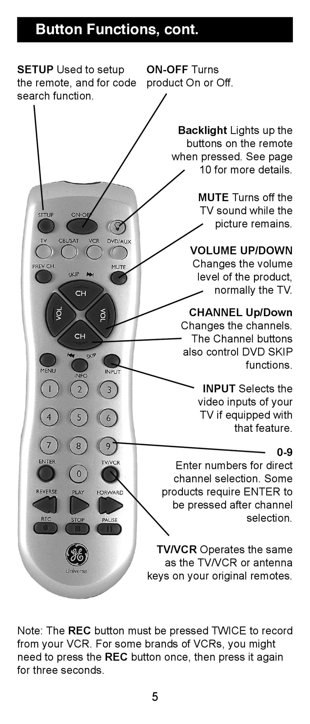 Jasco RM94931 instruction manual Button Functions, ON-OFF Turns 