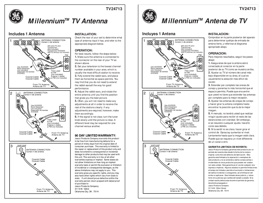 Jasco TV24713 warranty Includes 1 Antenna, Incluyes 1 Antena 