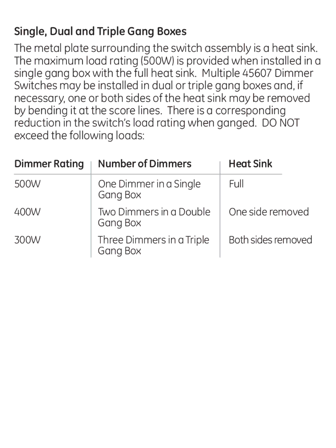 Jasco ZWAVEKIT manual Single, Dual and Triple Gang Boxes, Number of Dimmers Heat Sink 