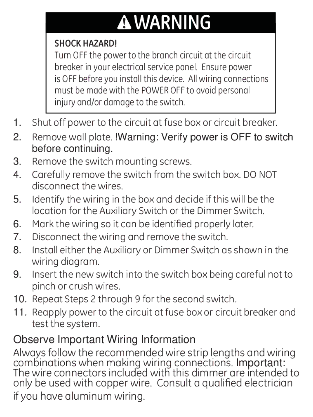 Jasco ZWAVEKIT manual Observe Important Wiring Information, Shock Hazard 