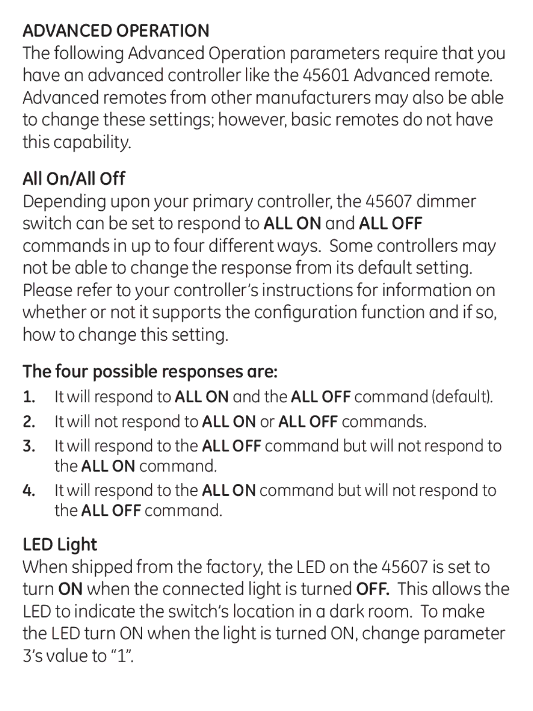 Jasco ZWAVEKIT manual All On/All Off, Four possible responses are, LED Light 