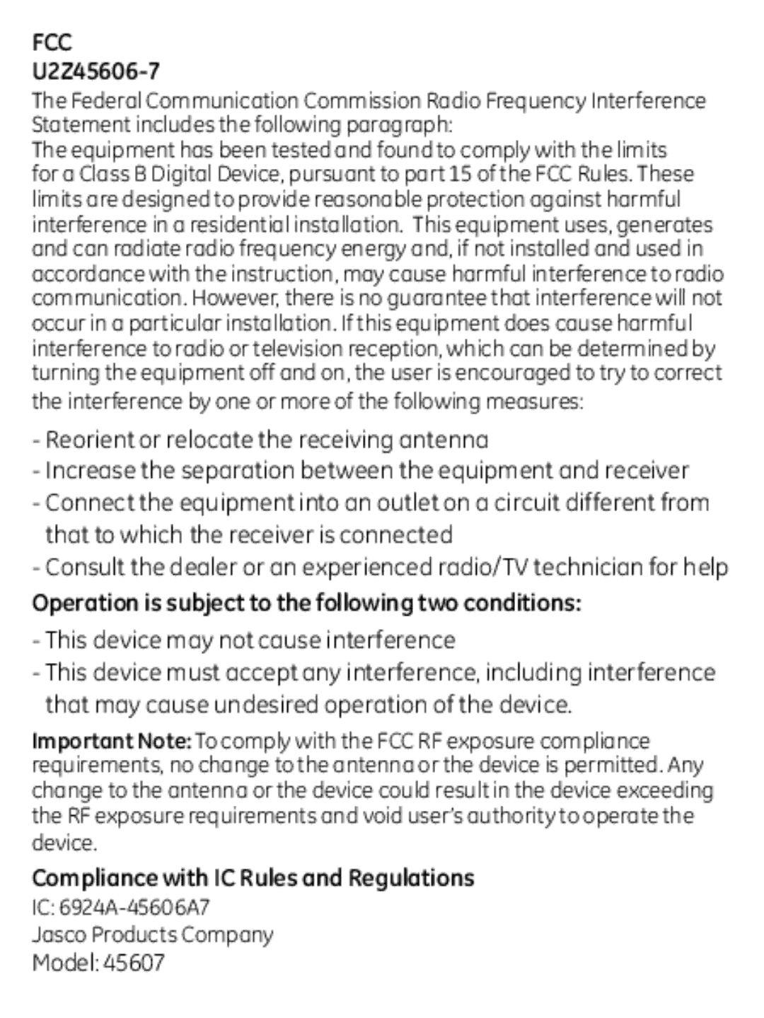 Jasco ZWAVEKIT U2Z45606-7, Operation is subject to the following two conditions, Compliance with IC Rules and Regulations 