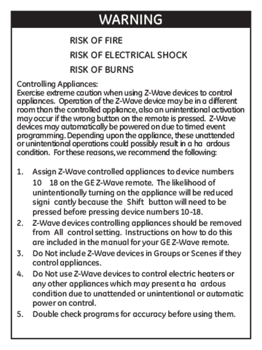 Jasco ZWAVEKIT manual Risk of Fire Risk of Electrical Shock Risk of Burns, Controlling Appliances 