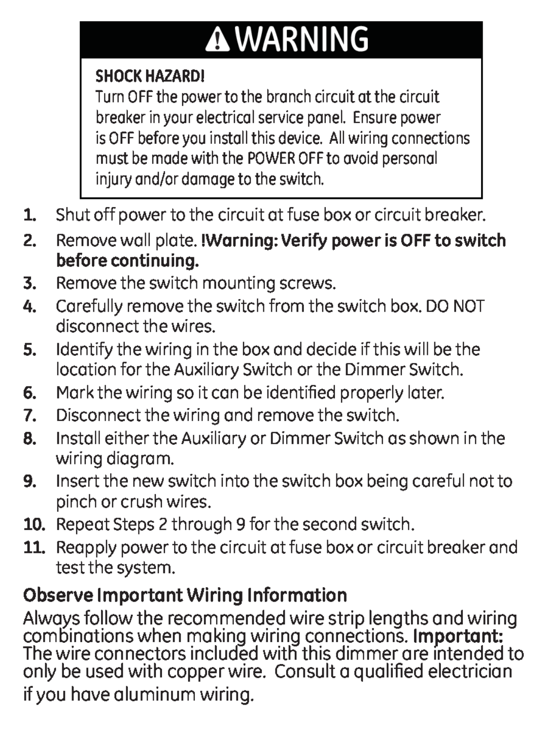 Jasco ZWAVEKIT manual Observe Important Wiring Information, if you have aluminum wiring, Shock Hazard 