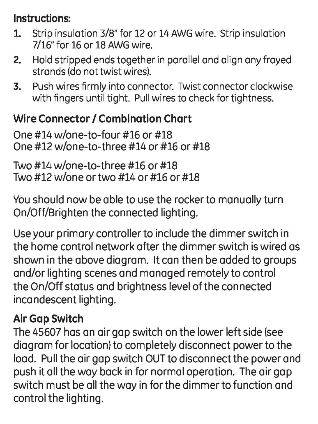 Jasco ZWAVEKIT manual Instructions, Wire Connector / Combination Chart, One #14 w/one-to-four#16 or #18, Air Gap Switch 
