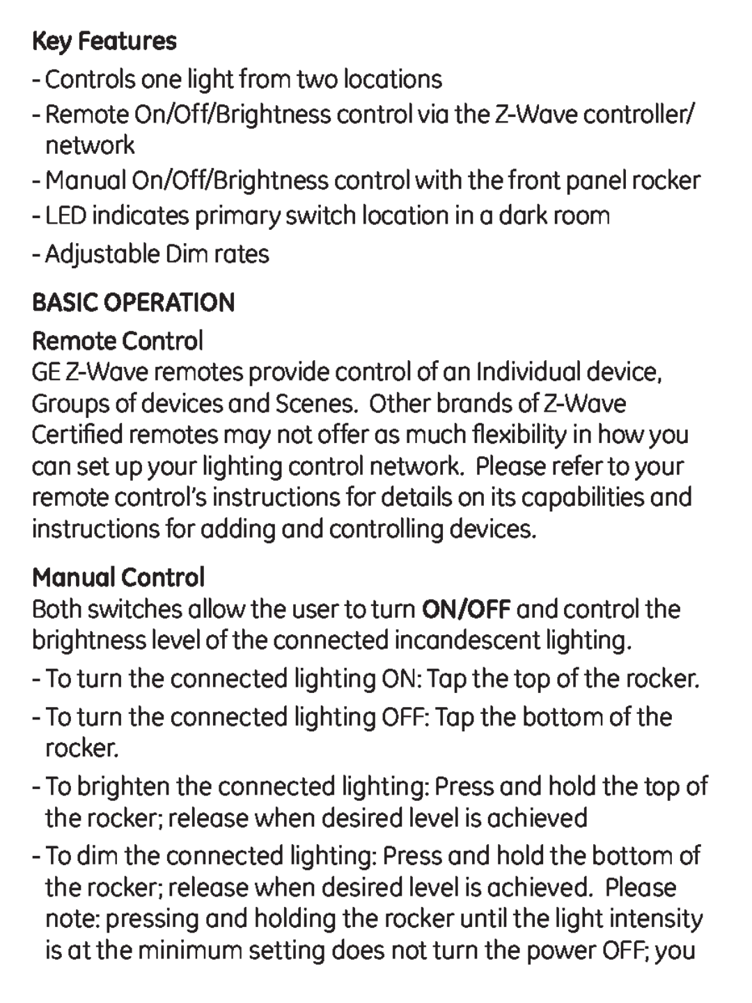 Jasco ZWAVEKIT Key Features, Controls one light from two locations, Adjustable Dim rates, Basic Operation, Remote Control 