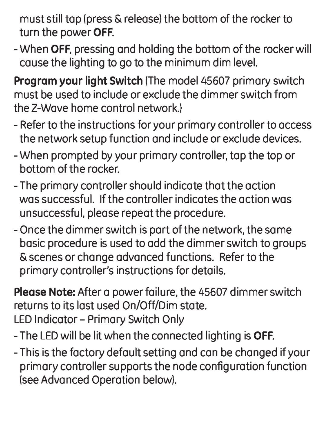 Jasco ZWAVEKIT manual LED Indicator - Primary Switch Only 