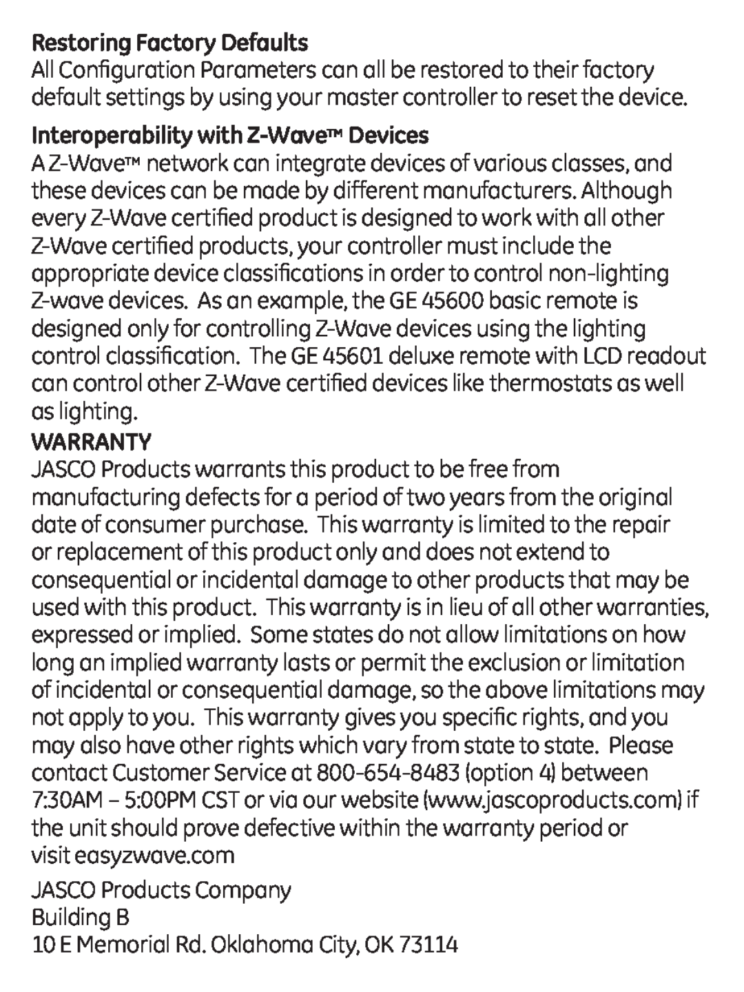 Jasco ZWAVEKIT manual Restoring Factory Defaults, Interoperability with Z-Wave Devices, Warranty 