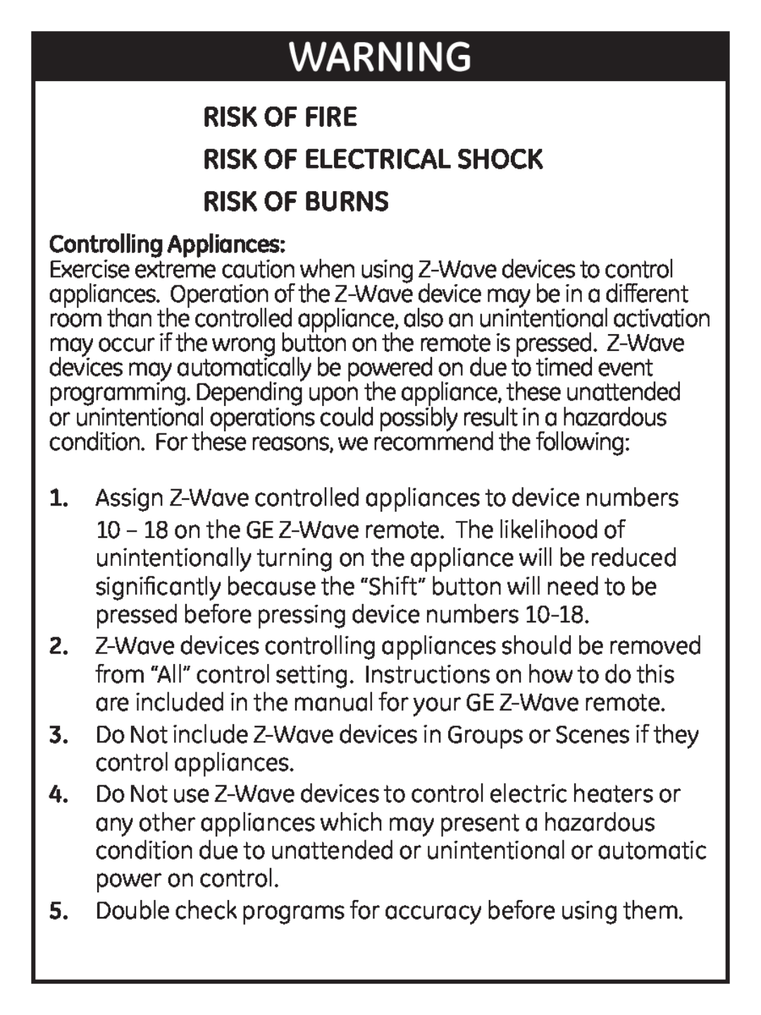 Jasco ZWAVEKIT manual Risk Of Fire Risk Of Electrical Shock, Risk Of Burns, Controlling Appliances 