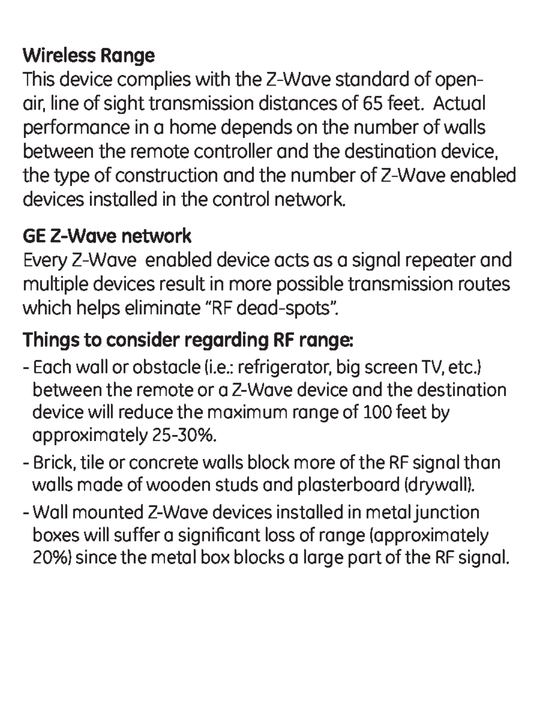 Jasco ZWAVEKIT manual Wireless Range, GE Z-Wavenetwork, Things to consider regarding RF range 
