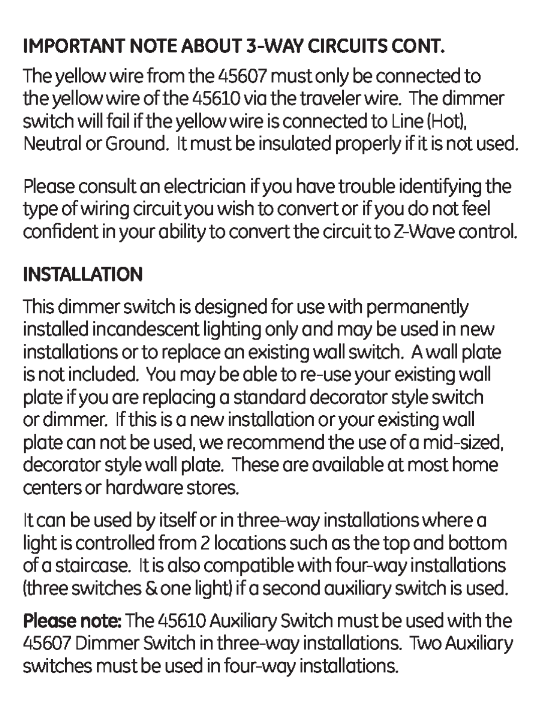 Jasco ZWAVEKIT manual IMPORTANT NOTE ABOUT 3-WAYCIRCUITS CONT, Installation 