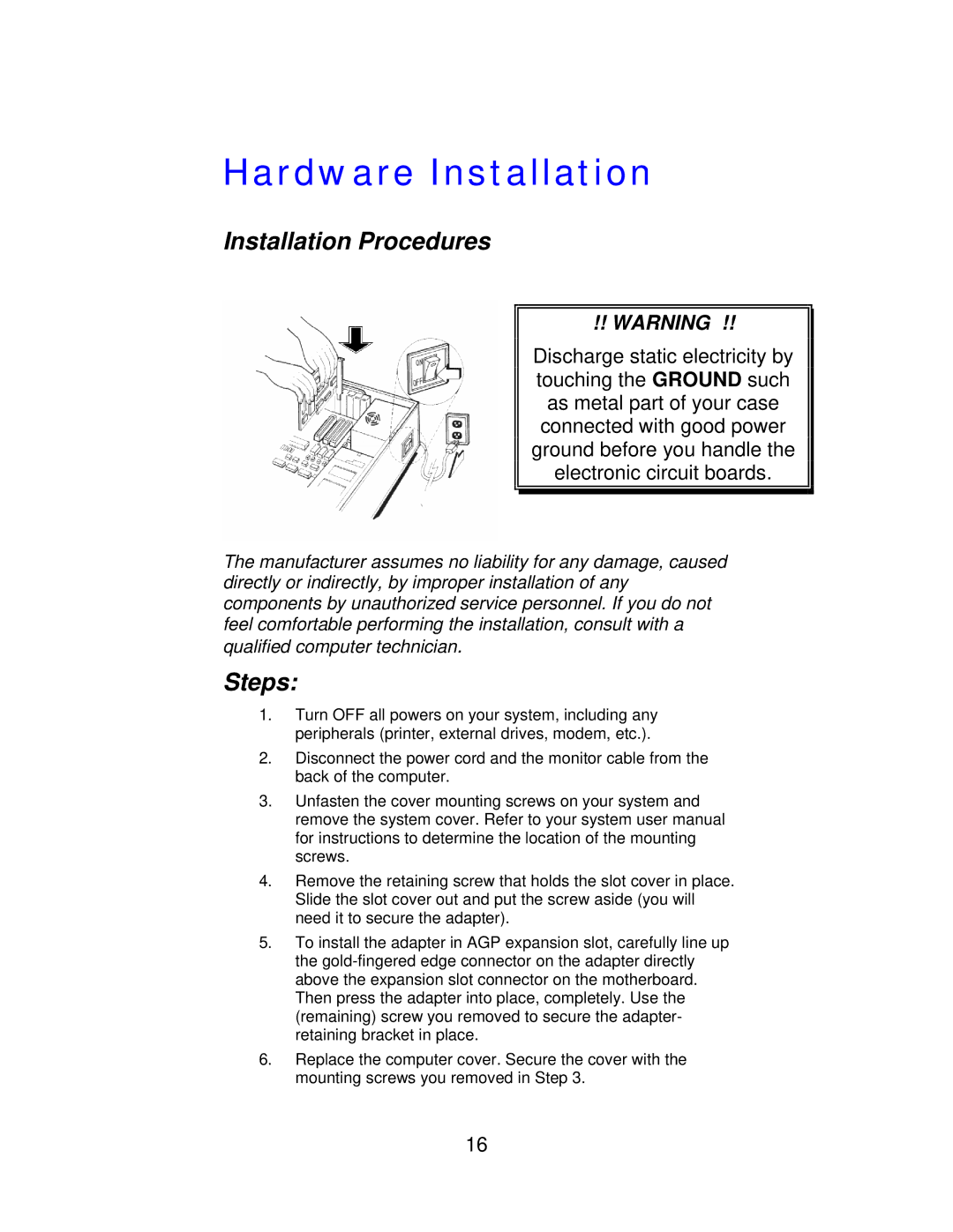 Jaton 5200 user manual Hardware Installation, Installation Procedures, Steps 