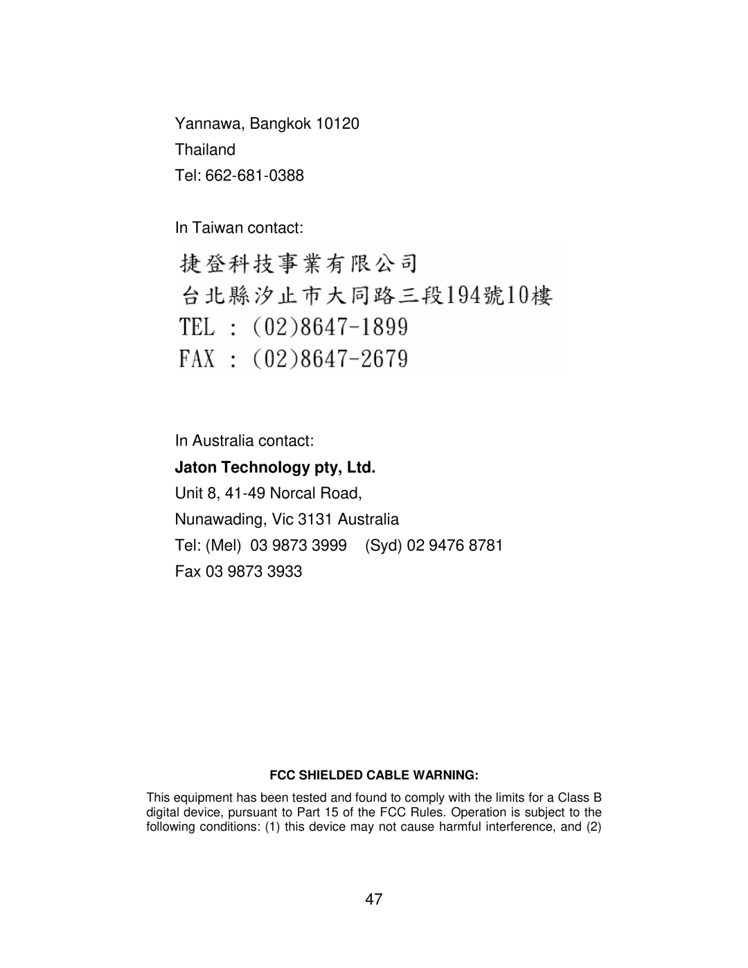 Jaton 5200 user manual FCC Shielded Cable Warning 