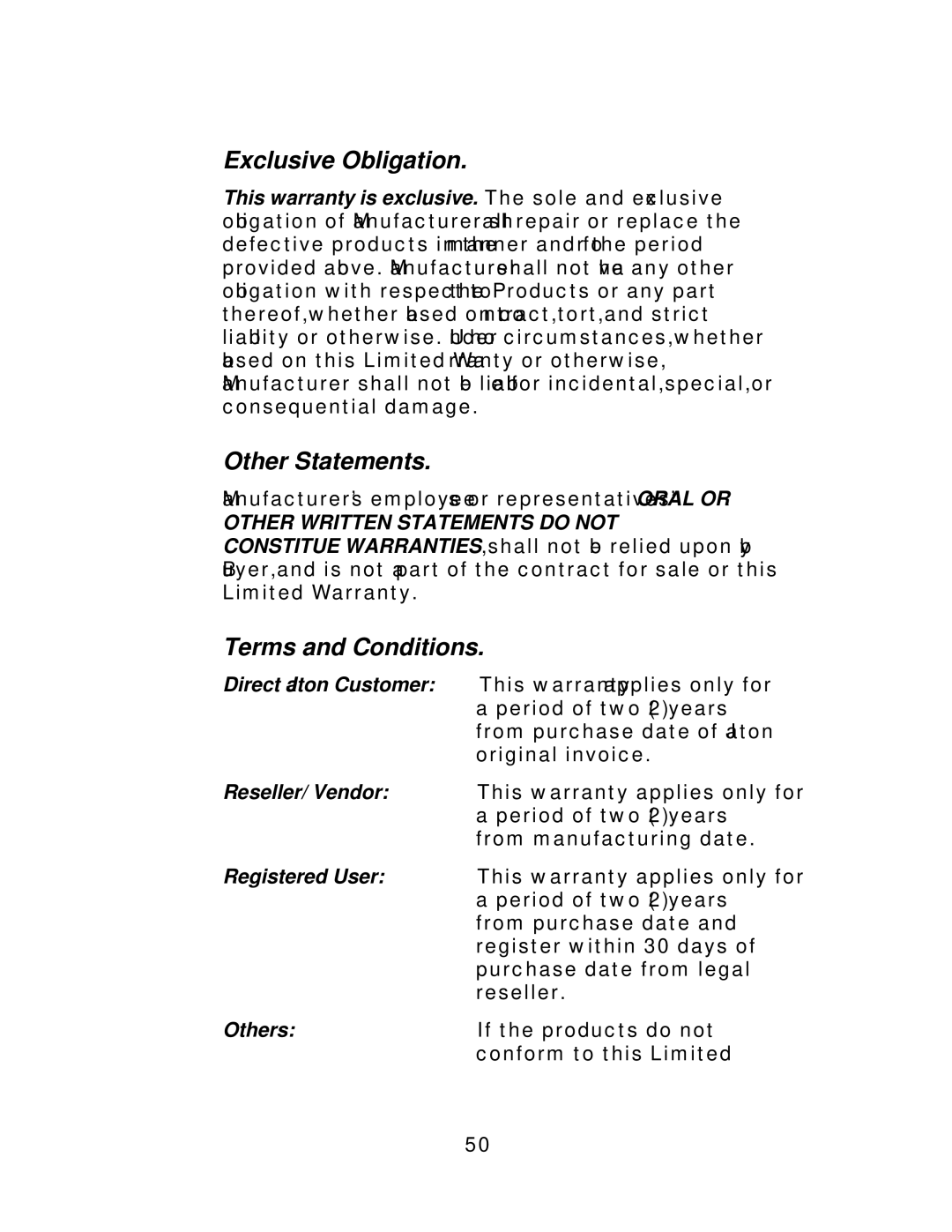 Jaton 5200 user manual Exclusive Obligation, Other Statements, Terms and Conditions 