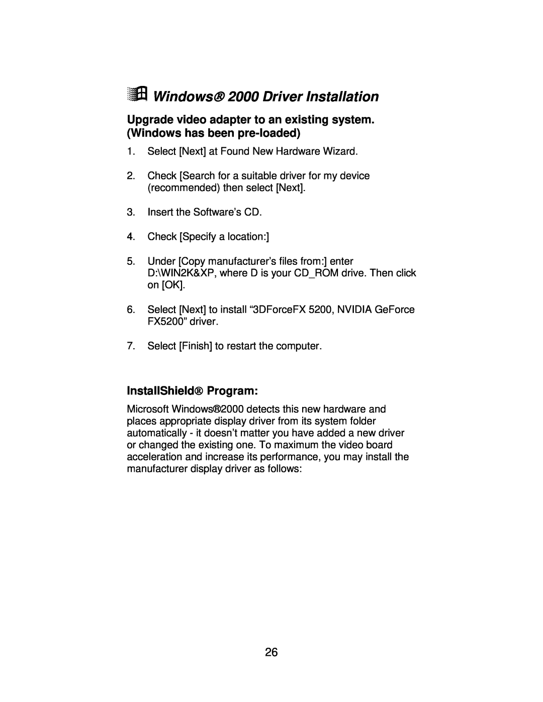 Jaton 5200 user manual á Windows 2000 Driver Installation, InstallShield Program 