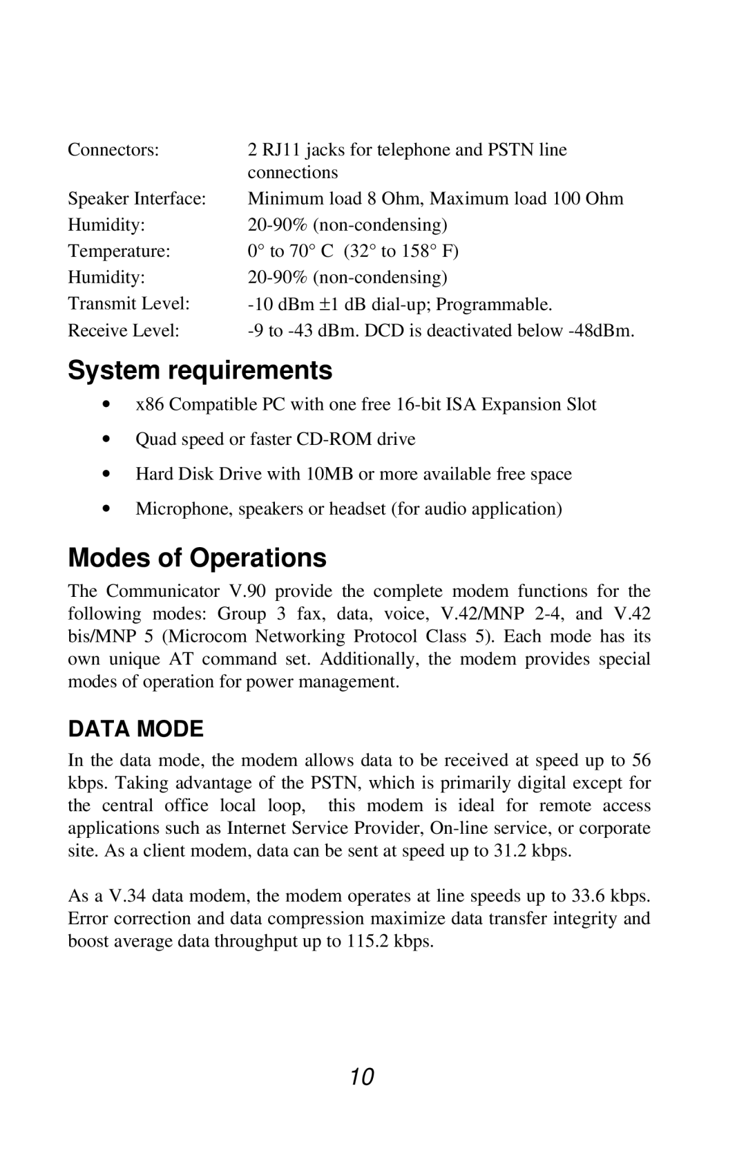 Jaton V.90 user manual System requirements, Modes of Operations 