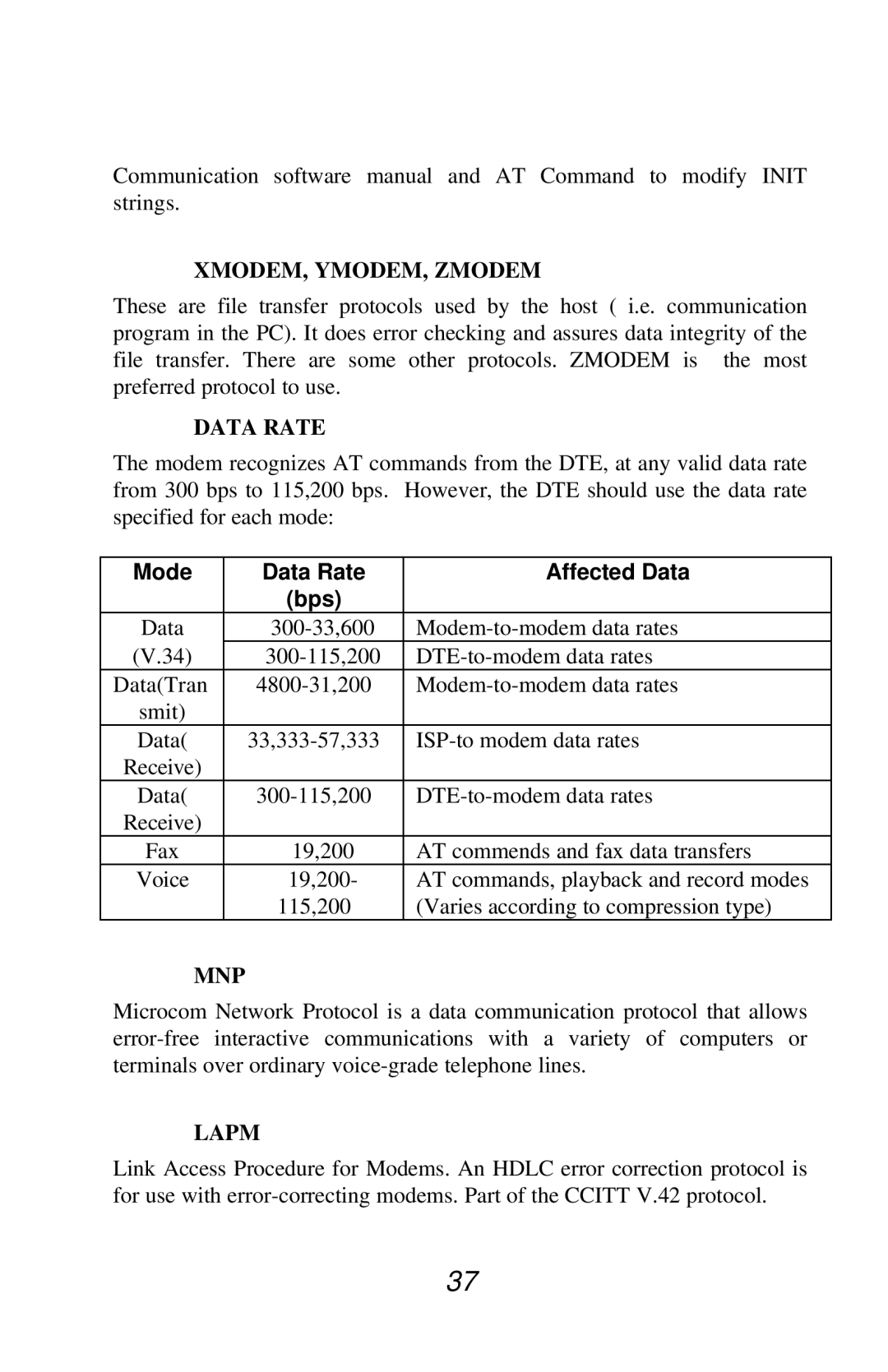 Jaton V.90 user manual Mode Data Rate Affected Data Bps 