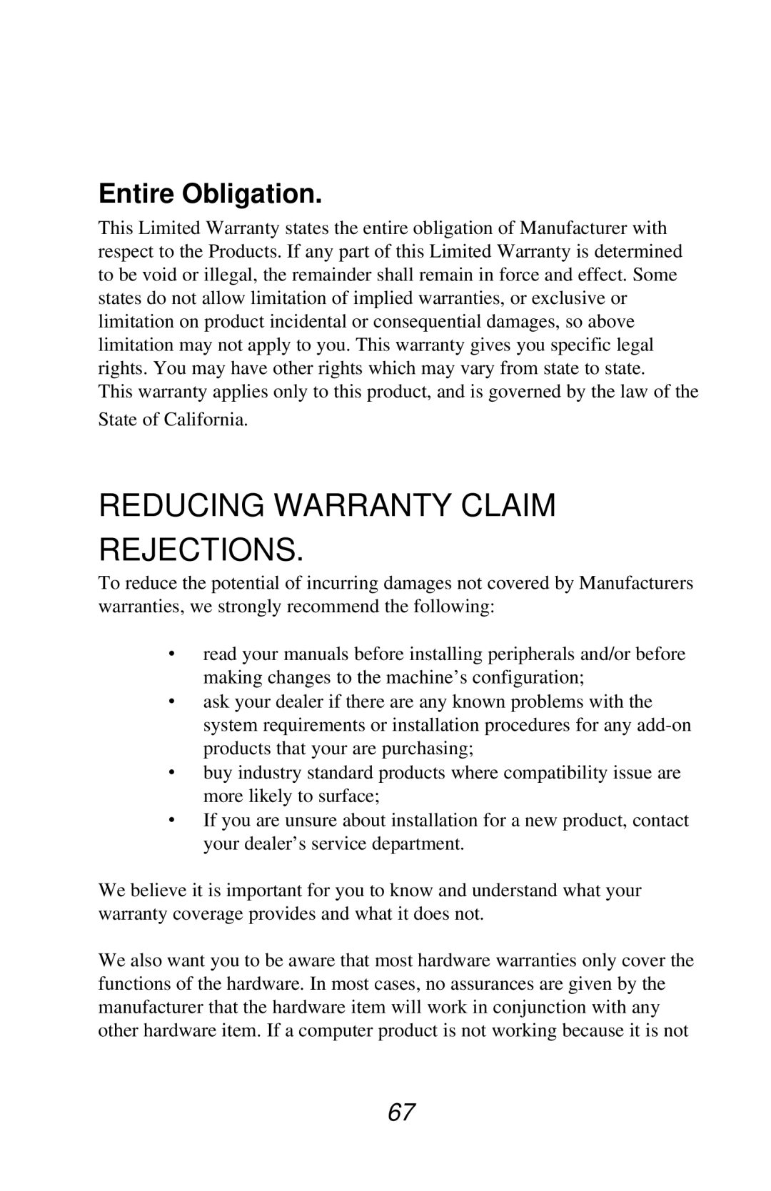 Jaton V.90 user manual Reducing Warranty Claim Rejections, Entire Obligation 