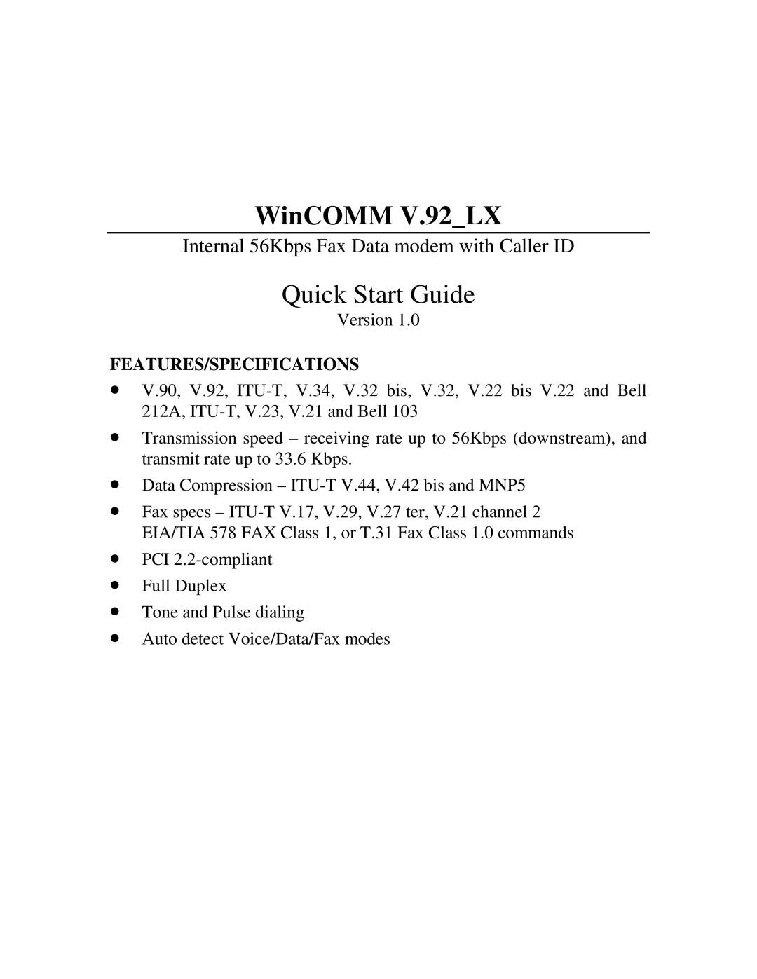 Jaton V.92_LX quick start Internal 56Kbps Fax Data modem with Caller ID, Features/Specifications 