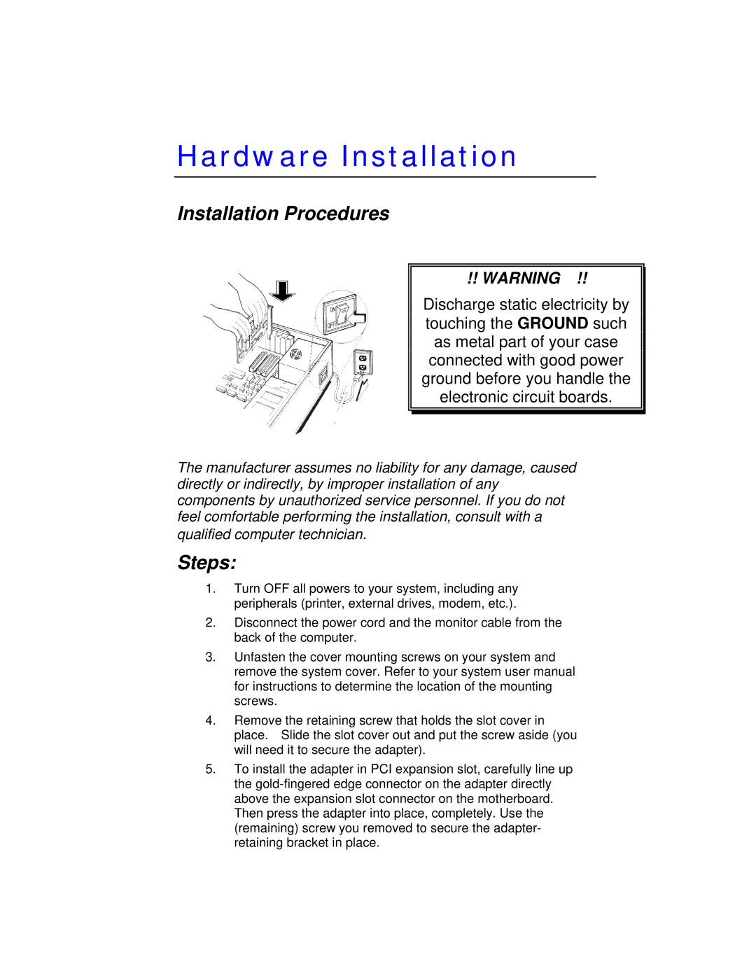 Jaton VIDEO208PCI64TWIN user manual Hardware Installation, Installation Procedures, Steps 