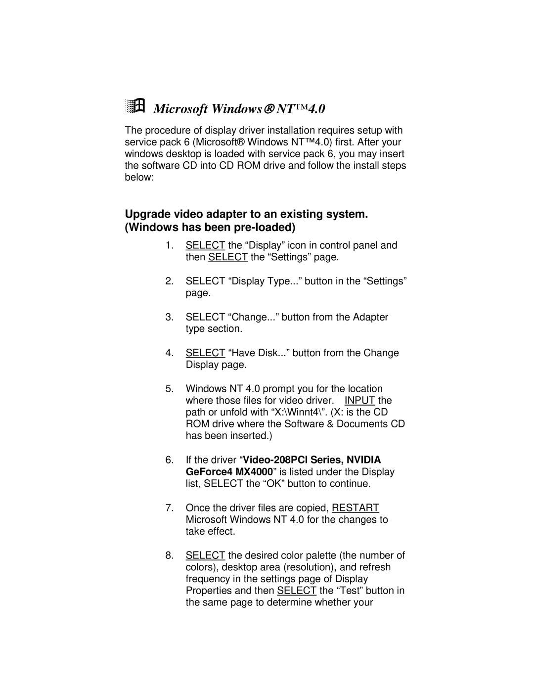 Jaton VIDEO208PCI64TWIN user manual Microsoft Windows NT4.0 