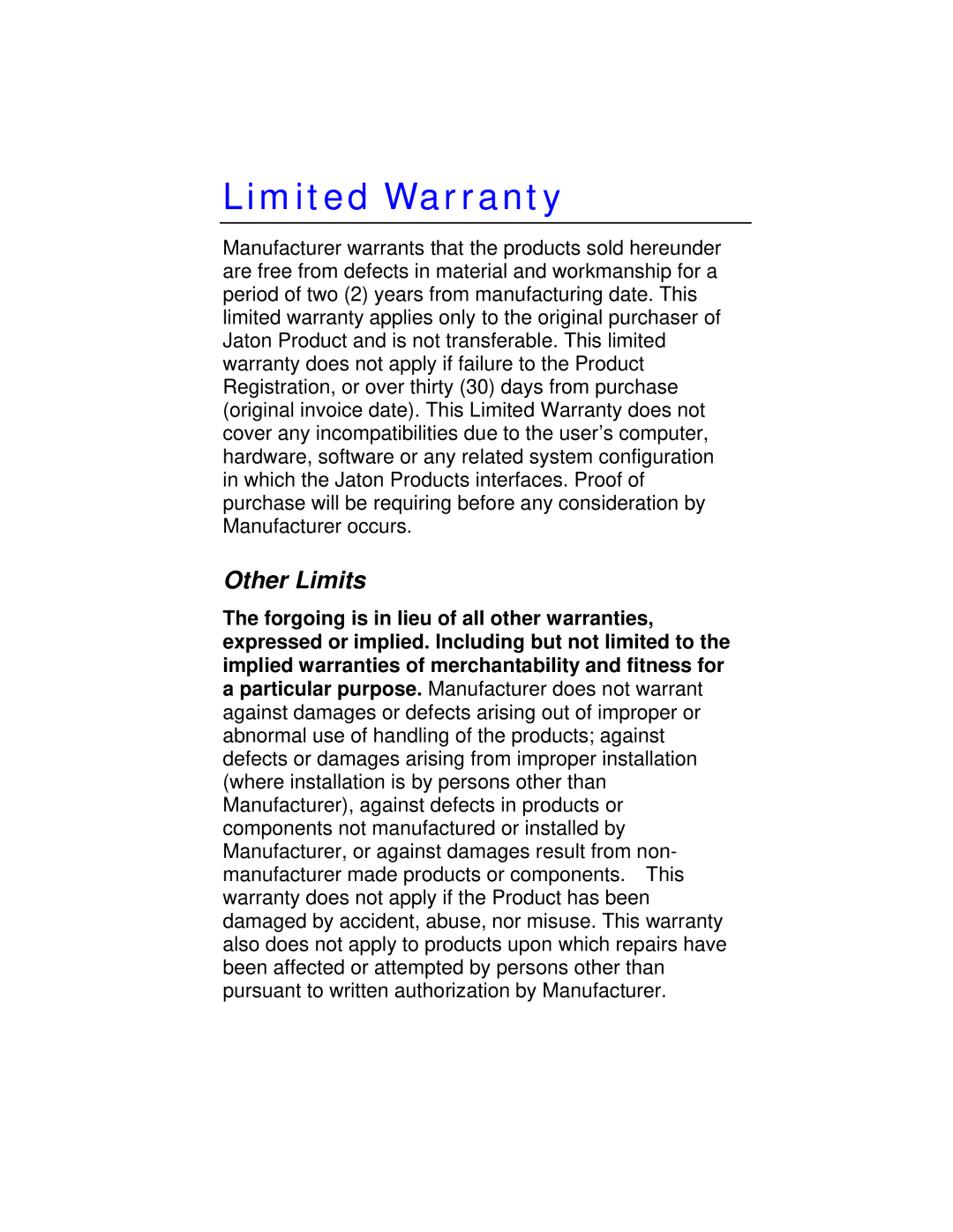 Jaton VIDEO208PCI64TWIN user manual Limited Warranty, Other Limits 