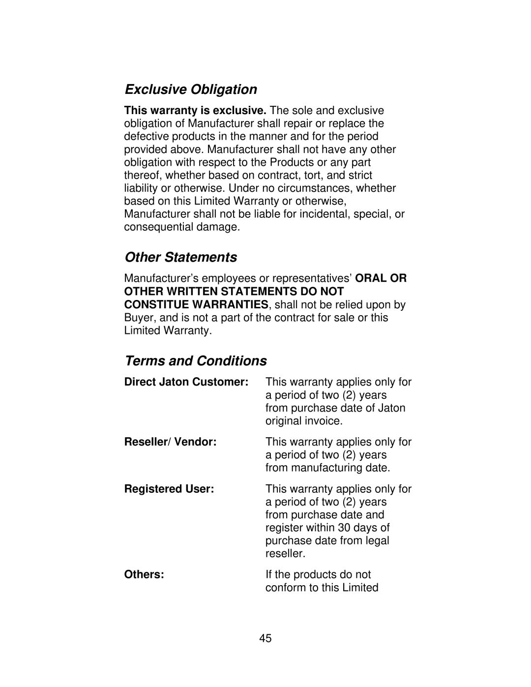 Jaton VIDEO208PCI64TWIN user manual Exclusive Obligation, Other Statements, Terms and Conditions 