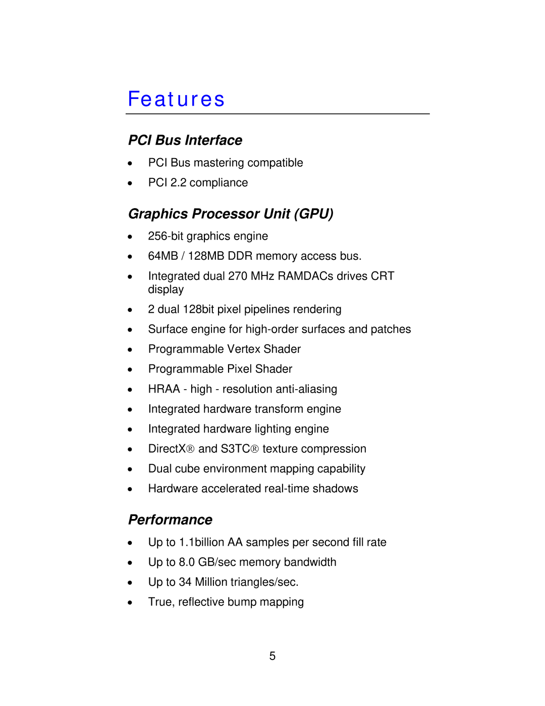 Jaton VIDEO208PCI64TWIN user manual Features, PCI Bus Interface, Graphics Processor Unit GPU, Performance 