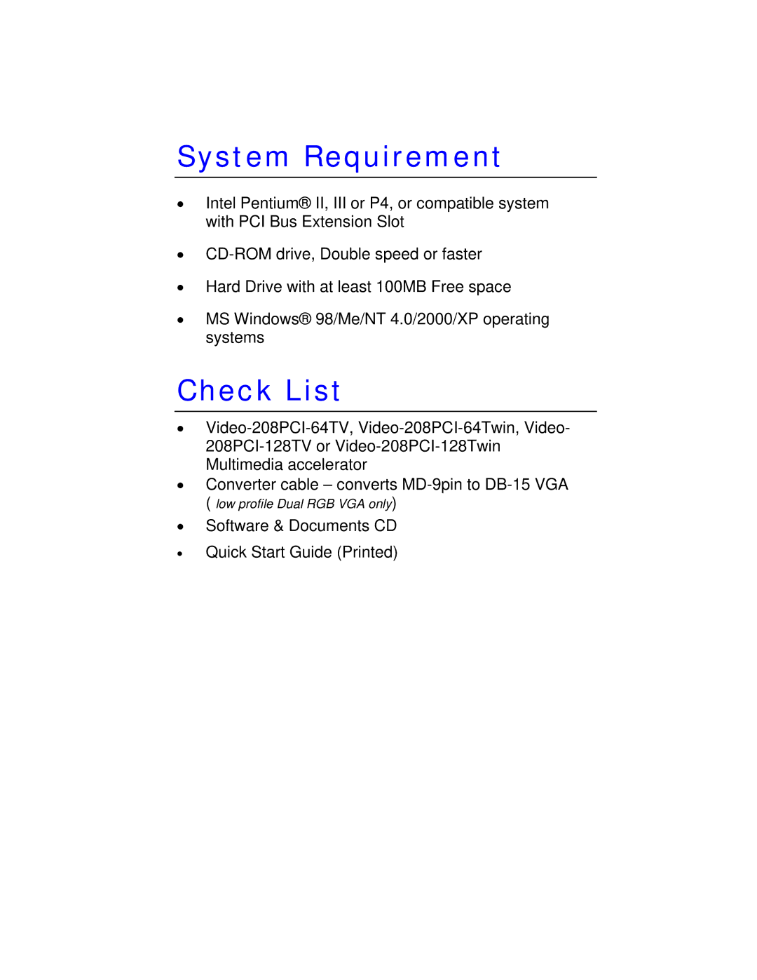 Jaton VIDEO208PCI64TWIN user manual System Requirement, Check List 