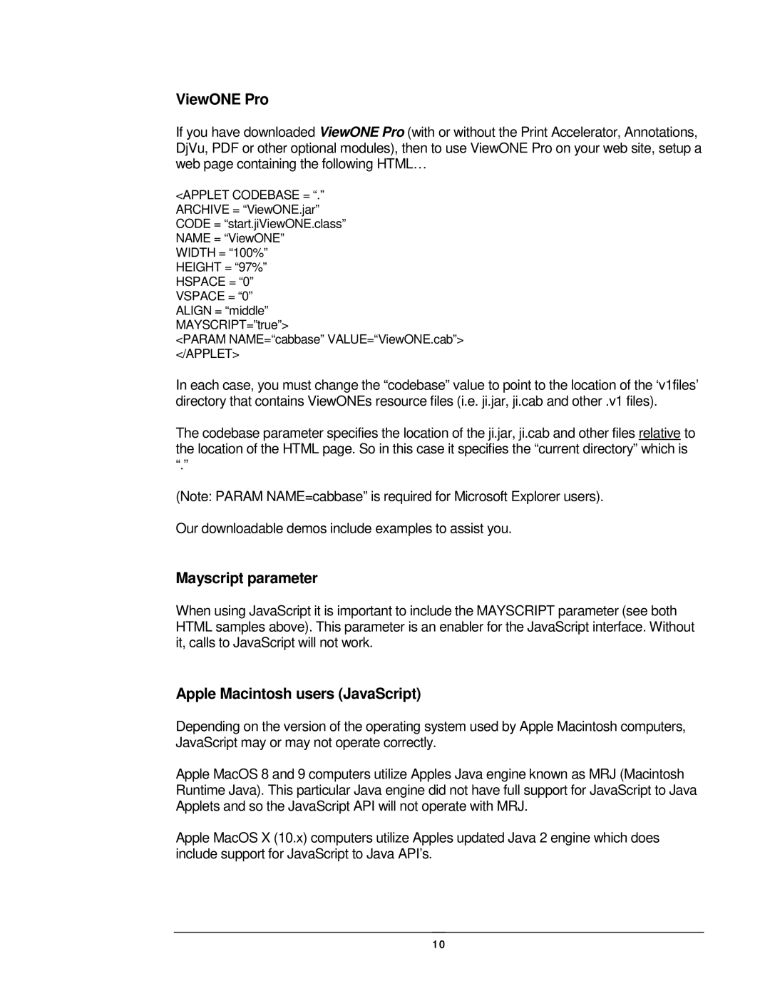JAVA Tech VERSION 3.0 manual ViewONE Pro, Mayscript parameter, Apple Macintosh users JavaScript 