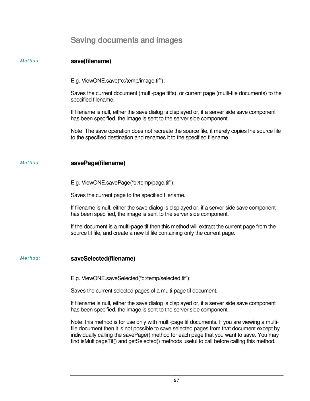 JAVA Tech VERSION 3.0 manual Saving documents and images, Savefilename, SavePagefilename, MethodsaveSelectedfilename 