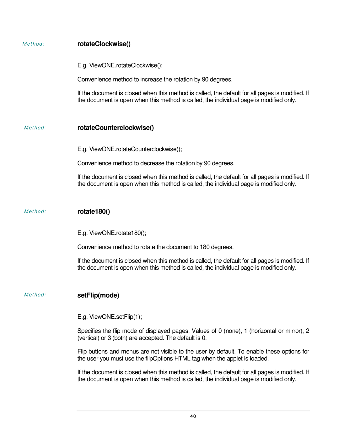 JAVA Tech VERSION 3.0 manual MethodrotateClockwise, Method rotateCounterclockwise, Rotate180, SetFlipmode 