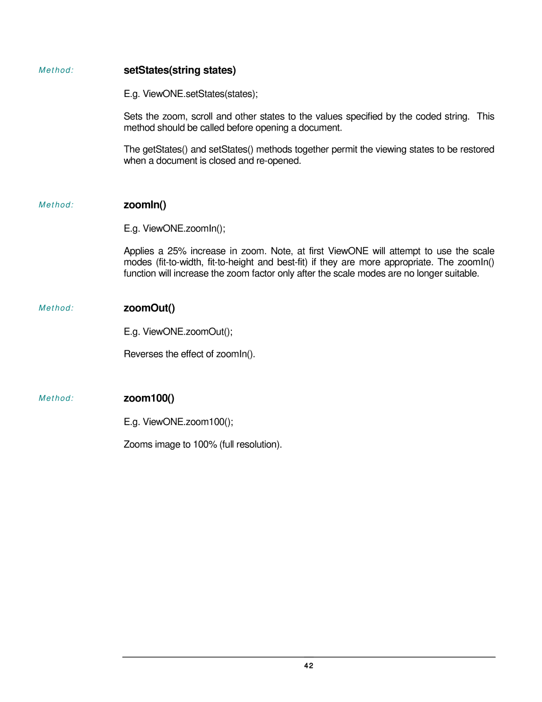 JAVA Tech VERSION 3.0 manual Method setStatesstring states, Method zoomOut, Method zoom100 